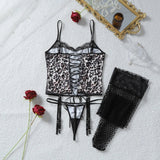 Toucheart Erotic Lingerie Hot Girl Sexy Leopard Print Suspender See-through Lace Waist Shaping Luxurious Hot Underwear Split Set
