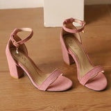 Beige Suede Ankle Strap Block Heel Sandals for Women, Round Open Toe with Rhinestone Accent, Multiple Colors Available
