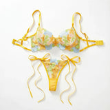 Women Yellow Floral Embroidery Lingerie Set Bow Tie Side Sheer Mesh Bra And Thong 2‑Pieces Intimate Underwear ZA825291