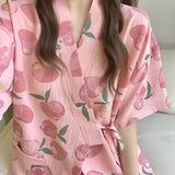 Womens Nightwear Loungewear Kimono Pajamas Student Short Sleeves Shorts Peach Print Tops and Pants Set Sleepwear Comfortable