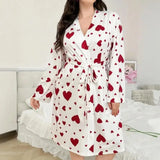 Women's Heart Printed Robe Soft Belted Kimono Bathrobe Mid Length Shower Spa Loungewear Cozy Long Sleeve Pajamas