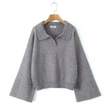 Foridol Grey Flare Sleeve Turn Down Collar Warm Winter Sweater Women Pullover Knitted Jumper Autumn Casual Sweater Loose