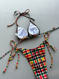 New 2026 Women's Plaid Swimsuit Sexy Lace-up Backless Swimwear Low Waist Push Up Thong Bathing Suit Micro Bikini Set Beachwear