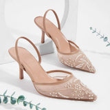 Nude 2 ways to wear Slingback Sandals Mules Big Size 42 Black Pointy Toe Mesh Embroidery Beading Thin High Heels Shoes Women