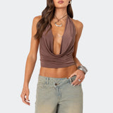 Women's Solid Color Cropped Halter Neck Cami Tops Sleeveless Open Back Deep V Neck Slim Fit Tank Tops