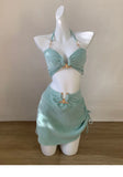 Korean Cover Up 3 Piece Bikini Set 2025 Swimwear Women Green Metal Strap Push Up Drawstring Skirt Swimsuit Beach Bathing Suits