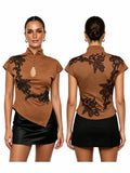 Women's Cheongsam Tops Mock Neck Short Sleeve Lace Patchwork  Blouse Chinese Style Keyhole Summer Shirts