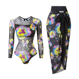 S - XXL Printed Long Sleeve With Sarong One Piece Swimsuit Women Swimwear Female Flowers Padded Bather Bathing Suit Swim K7181