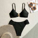 Sexy Pleate High Waist Bikini Set 2026 Women Orange Metal Buckle Push Up Two Piece Swimsuit Beach Bathing Suit Holiday Swimwear