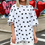 Summer T-Shirt Women Casual Loose Fit Stylish Love Heart Print Crew Neck Short Sleeve Tops