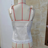 Fashion Satin Deep V Neck Vest Women Summer Solid Color Sleeveless Lace Trim Tie Shoulder Satin Tank Tops