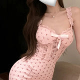 Straw Girl's Sexy Cherry Print Lace See-Through Nightdress with Chest Pads, Pure Desire Cute Lingerie 2592 5U1M