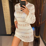 S - XL Long Sleeve Hollow Out Crochet Knitted Tunic Beach Cover Up Cover-ups Beach Dress Beach Wear Beachwear Female Women K5542