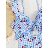 S - XL Cherry Printed Plaid Cut Out One Piece Swimsuit Women Swimwear Female Frilled High Leg Cut Bather Bathing Suit Swim V7557