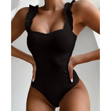 2023 Vintage Swimsuit Women One Piece Ruffle Strap Swimwear Female Push Up Monokini Padded Beach Bathing Suits Black Bodysuits