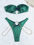 sexy metallic green bandeau bikinis sets two pieces metal chain high waist thong swimsuit bathing suit swimwear biquini bakini