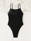 Sexy Black Shiny Sequin One Piece Swimsuit 2026 Women Halter Hollow Out Backless Thong Bathing Suits Tummy Control Swimwear