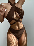 Halter Cross Bandage High Cut Bikini Female Swimsuit Women Swimwear Two-pieces Bikini Set Hollow Out Bather Bathing Suit Swim