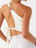 Women Off One Shoulder Tank Tops Solid Color Stylish Side Tie Design Vest Summer Fashion Streetwear