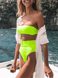 Neon Green Bandeau Swimsuit High Waist Bikini 2025 Women Swimwear Female Two pieces Bikini set Buckle Waistband bathing suit