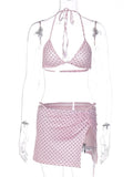 FDYOUI Women's Polka Dot Print Pink Swimsuit Lace-up Bras Panties Split Skirts 3 Pieces Bikinis Sets Bathing Suit Beach Swimwear