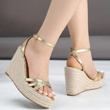Comfy Walk Big Size 43 Summer Rome Espadrilles Sandals Women Ankle Strap Sandals High Heels Wedges Shoes Gold Platform Sandal