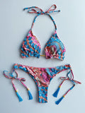 2026 New Women's Swimsuit Neck Hanging Bikini Set Split Beach Swimsuit 2-piece Set with Tassel Decoration