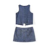 2026 New Women’s Denim Street 2 Piece Sets Sleeveless Tie-up Front Tops Vest and Mini Skirt Outfits Fashion Clubwear