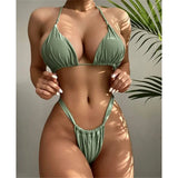 Wrinkled High Cut Mini Micro Thong Bikini Women Swimwear Female Swimsuit Two-pieces Bikini Set Halter Bather Bathing Suit Swim