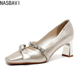 Women's High Heels Mary Janes Square Head Embellished with Water Diamonds Low Cut Knots Thick Heels Fashionable Party Shoes