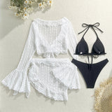 DEKA 4Pcs/Set Mesh Sheath Bikini Set Female Mini Camis Briefs Short Skirt Swimwear Fashion Drawstring Long Sleeve Boho Swimsuit