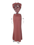 FDYOUI Elegant Sexy Sleeveless Backless Long Holiday Beach Dress Women Chic Hollow Out Solid Long Maxi Evening Party Dresses