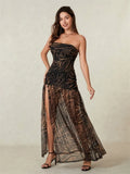 Women’s Tube Top Dress Bohemian Printed Strapless Mesh High Slit Long Dress Summer Evening Party Beach Sexy Club Dresses Summer
