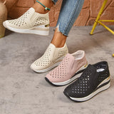 2025 New Hollow Out Wedges Sneakers Women Plus Size Pu Leather Thick Sole Loafers Woman Slip On Breathable Casual Shoes Female