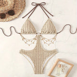 sexy ribbed metal chain swimsuit one piece hollow waist bikinis halter swimwear bodysuits women biquini bathing suits tankini