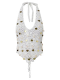 Women Halter Neck Sleeveless Crochet Hollow Out Sequin Seashell Decor Crop Vest Summer Tank Tops for Vacation Beach