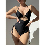 S - XL Metal Flower Cut Out Halter Women Swimwear One Piece Swimsuit Female Backless High Leg Cut Bather Bathing Suit Swim K7446