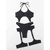 Sexy Tummy Cut Out Halter With Garter One Piece Swimsuit Women Swimwear Female High Leg Cut Bather Bathing Suit Swim Lady V4415