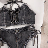DEKA Retro Women Bikini Denim Suits Summer Halter Camis+ Mini Pant Lingerie Fashion Vacation Swimsuits Sexy Bra&Briefs Sets