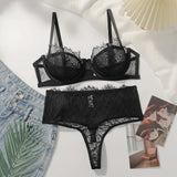 2-piece black lace ultra-thin transparent lingerie set sexy solid color set women's bra party thong underwear MR3406