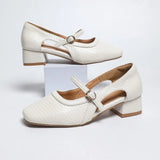 Extremely Comfortable French Shoes For Women Spring Summer Hollow Weave Square Toe Medium Chunky Heel Leather Beige Sandals