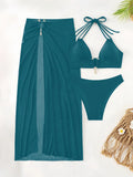 3 Pieces Halter Bikinis 2026 Solid Swimwear Female Sexy Swimsuit Women With Mesh Beach Dress Bathers Bathing Swimming Swim Suit