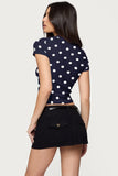 Women's summer fashion retro polka dot short-sleeved printed slim round neck top