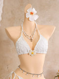 Vintage White Floral Embroidery Bikini Set 2026 Women 3D Flower Push Up Bra Pleate Skirt 3 Piece Swimsuit Bathing Suit Swimwear
