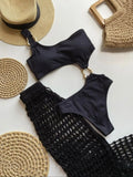 Women's One Piece Swimsuit Ring Cut Out Front High Cut Cheeky Bathing Suit Monokini Swimwear One Shoulder Ribbed Monokini