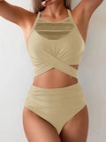Sexy Black Mesh Patchwork Bikini Set 2026 Women Hanging Neck Bandage Cross High Waist Swimsuit Beach Bathing Suit Swimwear
