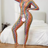 Women Rainbow Fishnet Bodysuit, Long Sleeve Crotchless Sheer Hollow Lingerie