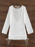 S - XL Long Sleeve Backless Crochet Knitted Tunic Beach Cover Up Women Cover-ups Beach Dress Beach Wear Female Beachwear