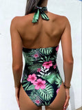 New Printed Conservative One-Piece Halter Neck Swimsuit Sexy Hard Bag Fashionable Holiday Beachwear High Waist Tie-Back Style