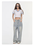 Hot girl top V-neck exposed navel contrasting color splicing clothes women's street short-sleeved T-shirt